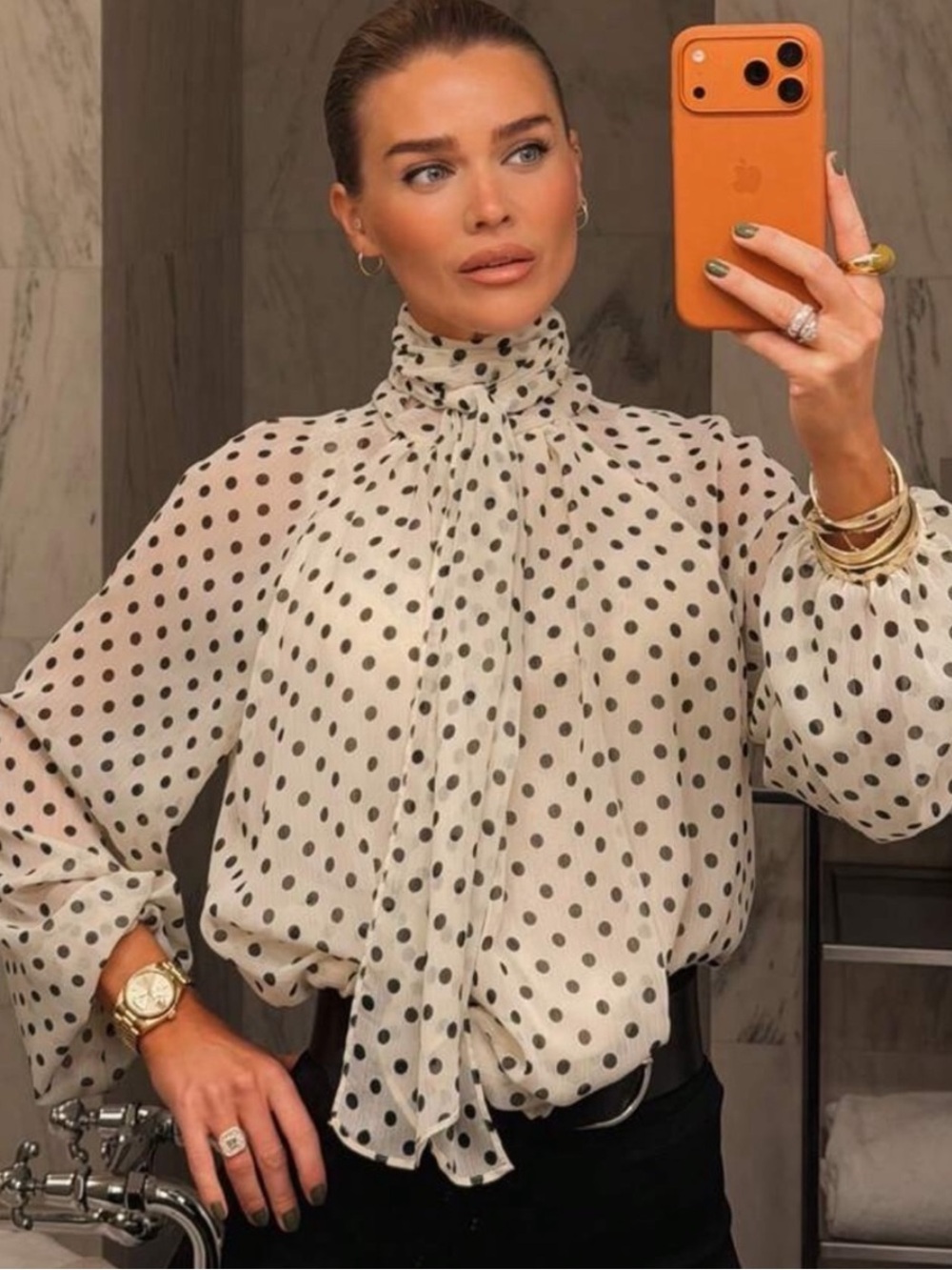 Zara Cream Polka Dot Tie-Neck Blouse with Black Dots